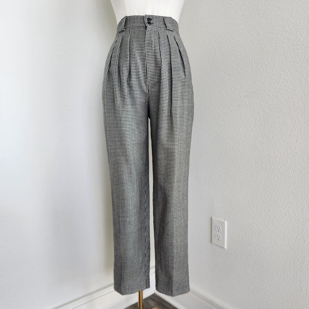 Vintage 90s Black White Houndstooth Wool Pleated Straight Leg High Rise Pants 10